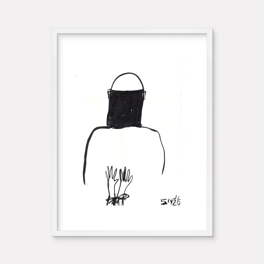 The artwork 'JunkanooHakkaMama: Send Me as You Spirit Healer (Hear)' by Jodie Lyn-Kee-Chow features a minimalist black ink drawing on white paper. The composition shows a simple back view silhouette wearing a hat, with upward-reaching hand gestures below, executed in loose, expressive brushstrokes. The stark monochromatic style creates a powerful, spiritual presence.