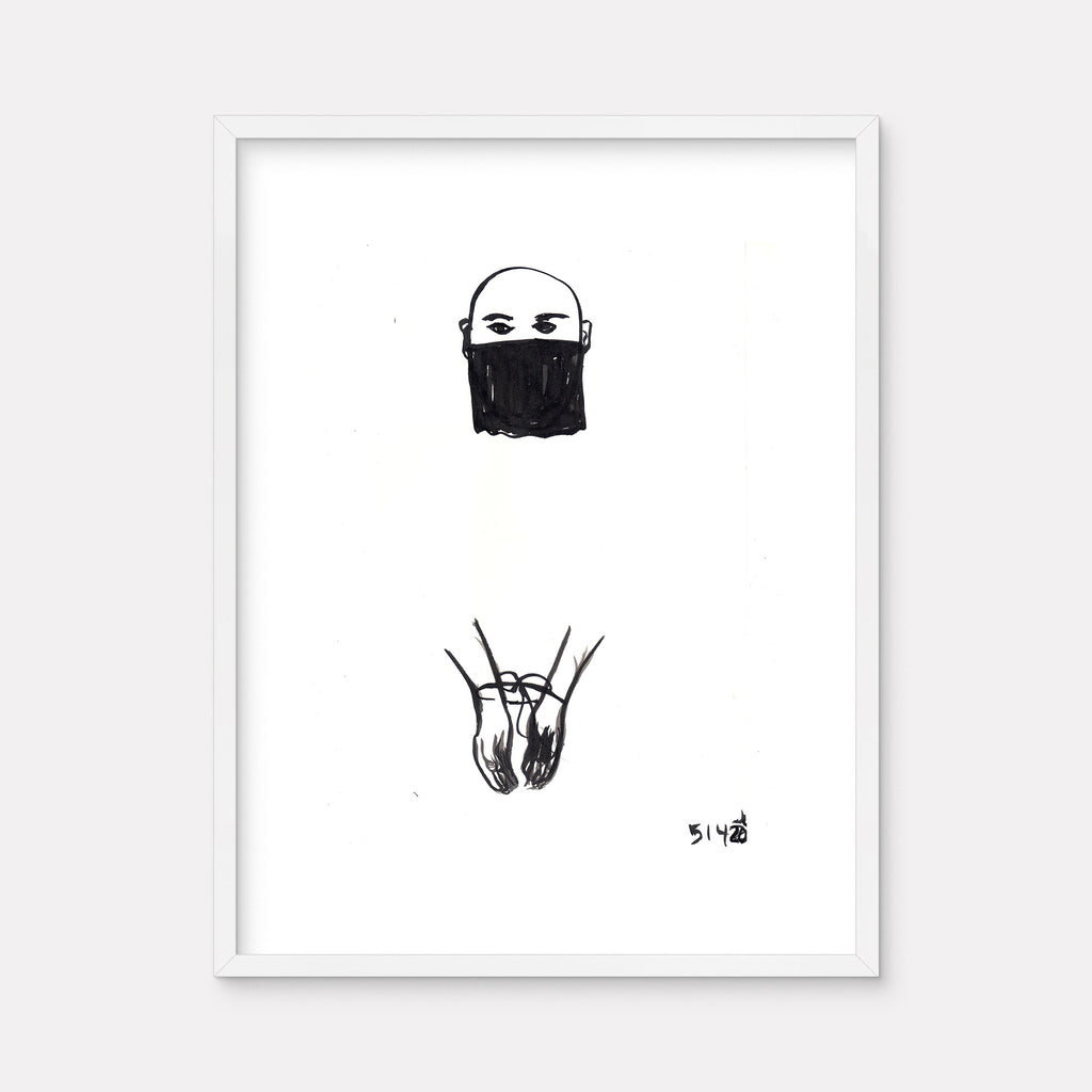 The artwork 'JunkanooHakkaMama: Send Me as You Spirit Healer (Sight)' by Jodie Lyn-Kee-Chow features a minimalist black ink drawing on white paper. A figure is depicted through two distinct elements: a head wearing a dark mask or veil with visible eyes, and below, a pair of outstretched hands in a cupped gesture, suggesting an offering or receiving position. The stark monochromatic composition emphasizes the spiritual and ritualistic nature of th