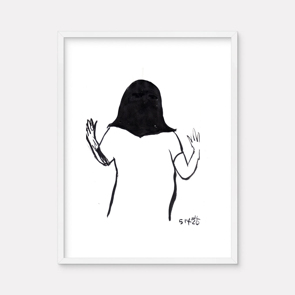 The artwork 'JunkanooHakkaMama: Send Me as You Spirit Healer (Touch)' features a minimalist black and white ink drawing depicting a figure with raised hands in a gesturing pose. The composition shows a simple yet expressive brushwork style, with bold strokes creating a back view silhouette against a stark white background. Chinese ink on paper by Jodie Lyn-Kee-Chow.