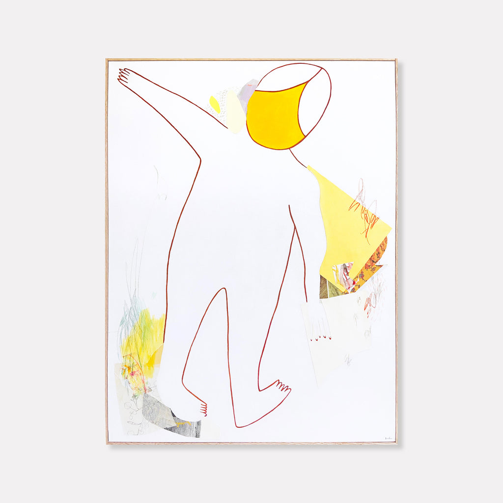 The artwork 'Let Bright Happen' by Linden Eller features a minimalist figure outlined in red against a white background, with vibrant yellow splashes and subtle watercolor textures. The abstract mixed media composition on canvas combines bold linear elements with delicate color washes, creating a dynamic contrast between simplicity and energetic expression.