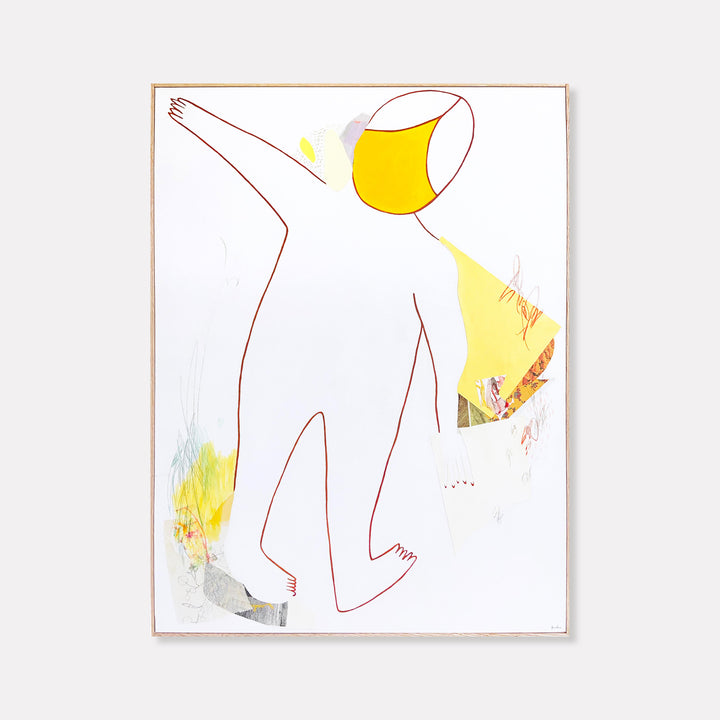 The artwork 'Let Bright Happen' by Linden Eller features a minimalist figure outlined in red against a white background, with vibrant yellow splashes and subtle watercolor textures. The abstract mixed media composition on canvas combines bold linear elements with delicate color washes, creating a dynamic contrast between simplicity and energetic expression.