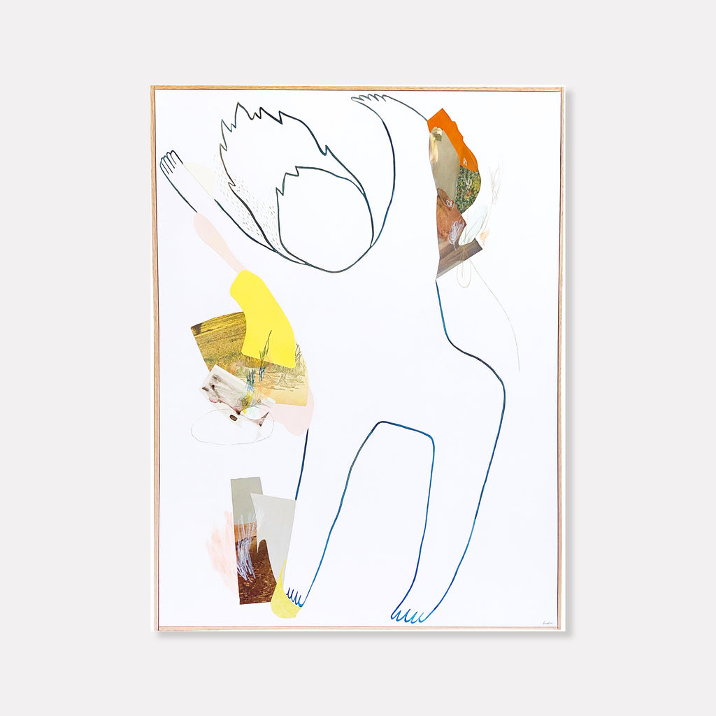 The artwork 'Let Falling Happen' by Linden Eller features a minimalist mixed media composition on canvas with delicate line drawings and collage elements. Abstract shapes in orange, yellow, and grey are strategically placed against a white background, creating a sense of movement and weightlessness. The piece combines soft pencil outlines with textural paper elements in a 40x30 inch format.