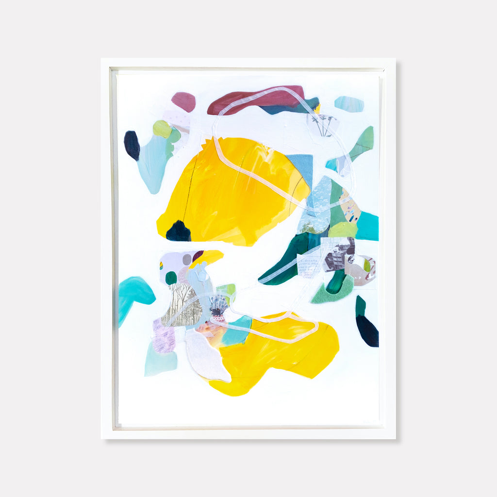 The artwork 'Maine Summer' by Linden Eller features vibrant abstract composition with bold yellow forms floating among turquoise, mint green, and pale blue shapes. Mixed media collage elements create dynamic movement, with transparent layers and geometric fragments arranged on white canvas, expressing a fresh, summery aesthetic through playful color interaction.