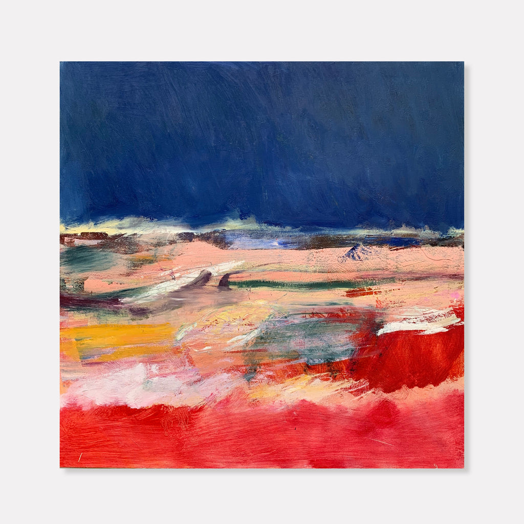 The artwork 'Maine' by Kevin McGoff features bold abstract landscape with dramatic deep blue sky above vibrant coral and red terrain. Oil painting showcases expressive brushstrokes creating textural layers, with horizon line dividing composition between moody oceanic blues and warm earth tones. 30x30 inch canvas captures dynamic interplay of colors and abstract coastal imagery.