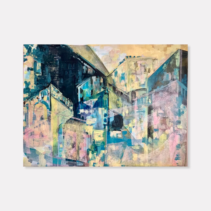 The artwork 'March Ninth' features an abstract urban landscape rendered in oil on canvas, with geometric forms suggesting buildings and architecture. Soft pink and yellow tones blend with deep teals and blues, creating a dreamy cityscape composition with layered textures and fragmented shapes. Original artwork by Jane Lawrence.