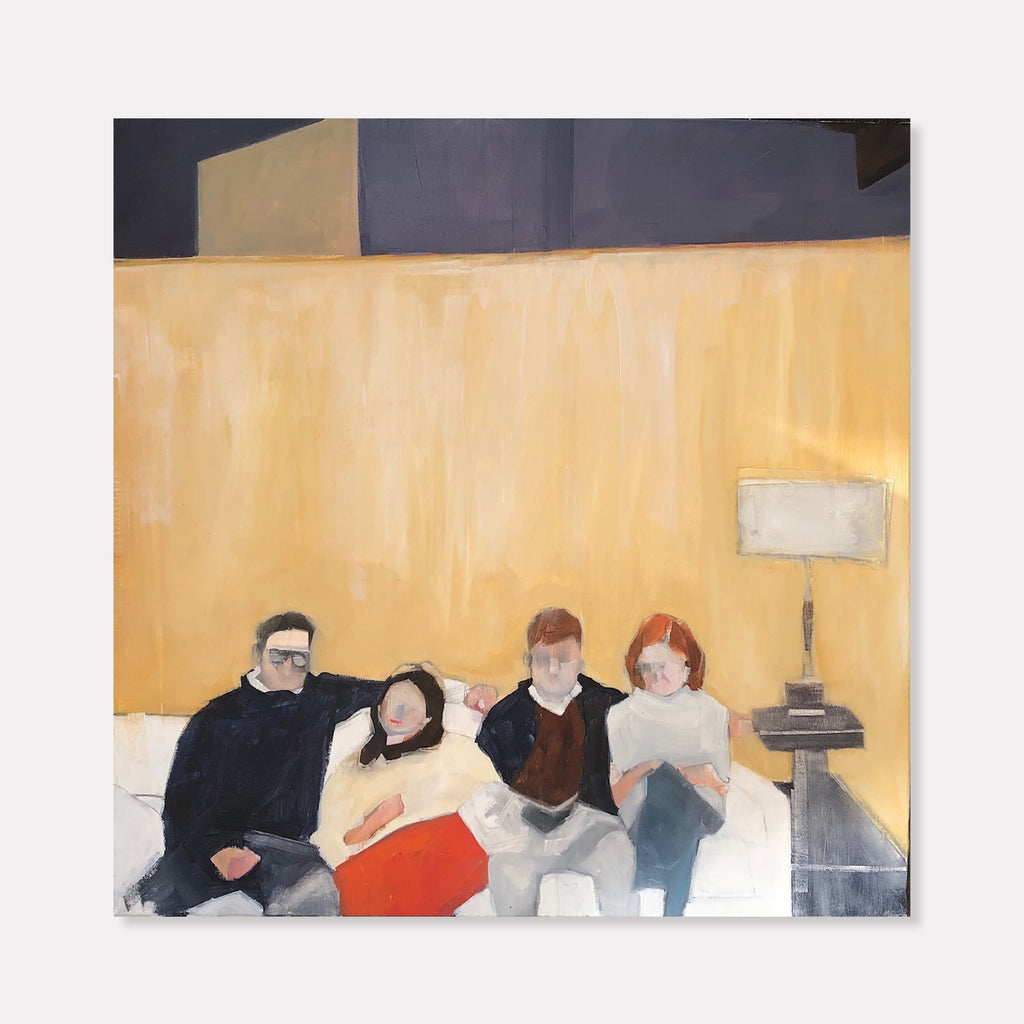 The artwork 'Mid-Century Modern Friends' by Ruth Shively depicts people relaxing on a white sofa against a warm yellow wall. The minimalist oil painting features soft brushstrokes and muted colors, creating a casual, intimate scene. A lamp stands on a side table, completing the mid-century modern aesthetic. Oil on linen, 18x18 inches. By Ruth Shively.