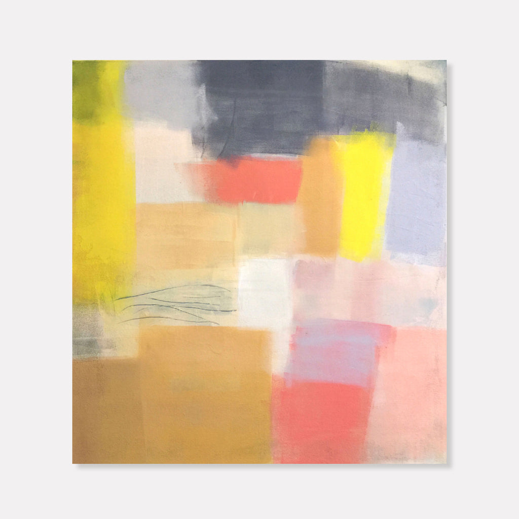 The artwork 'Mid Century 1' by Ellen Hermanos features abstract geometric blocks in soft pastels and bold accents. Gentle coral pink, warm beige, and muted yellow sections blend with stormy grays, creating a balanced modern composition. Subtle brushstrokes and layered acrylic paint add depth and texture to this contemporary 28x26 inch canvas.