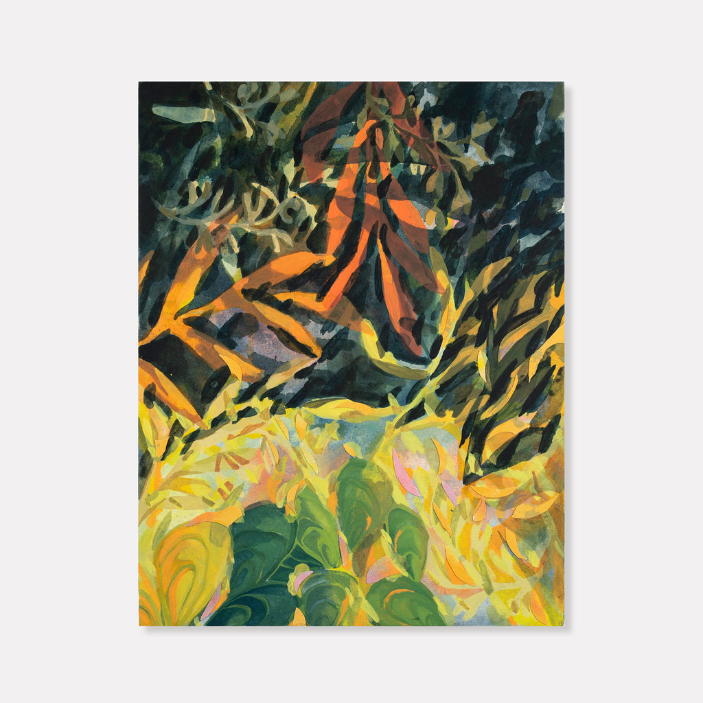 The artwork 'Mussels at Night' by Lauren Portada features dynamic brushstrokes in vibrant oranges and yellows against deep emerald greens, creating an abstract interpretation of underwater movement. Textured collaged textiles add dimensional depth, while fluid acrylic strokes suggest the organic forms of mussels in motion through dark waters.