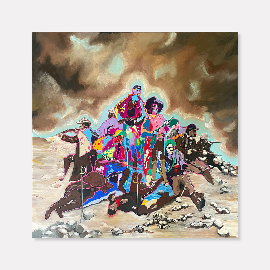 The artwork 'Last Stand' by Ellannah Sadkin depicts a dynamic group scene set against a dramatic sepia-toned sky. Bold, cartoon-style figures in vibrant neon colors, including electric blue, hot pink, and bright yellow, are arranged in a pyramidal composition on rocky terrain. The painting combines pop art elements with traditional acrylic techniques on a 38x38 inch canvas, creating a striking contrast between the moody background and animated fo
