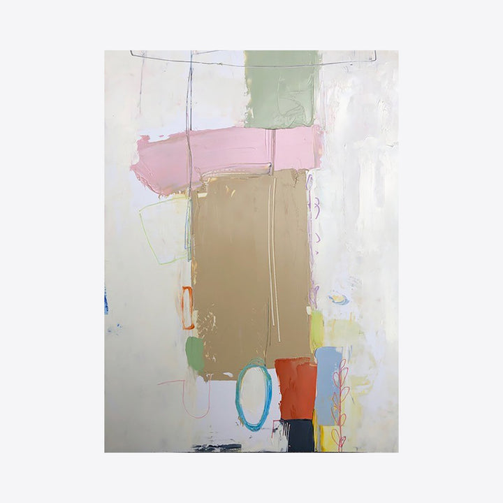 Study No. 73 by Janice La Motta: Abstract oil painting featuring geometric blocks in soft pink, sage green, and taupe against an off-white background. Delicate graphite lines and colored pencil accents create subtle texture, with minimalist blue circular forms and coral accents. Framed in natural wood. Mixed media artwork combining painterly and linear elements.