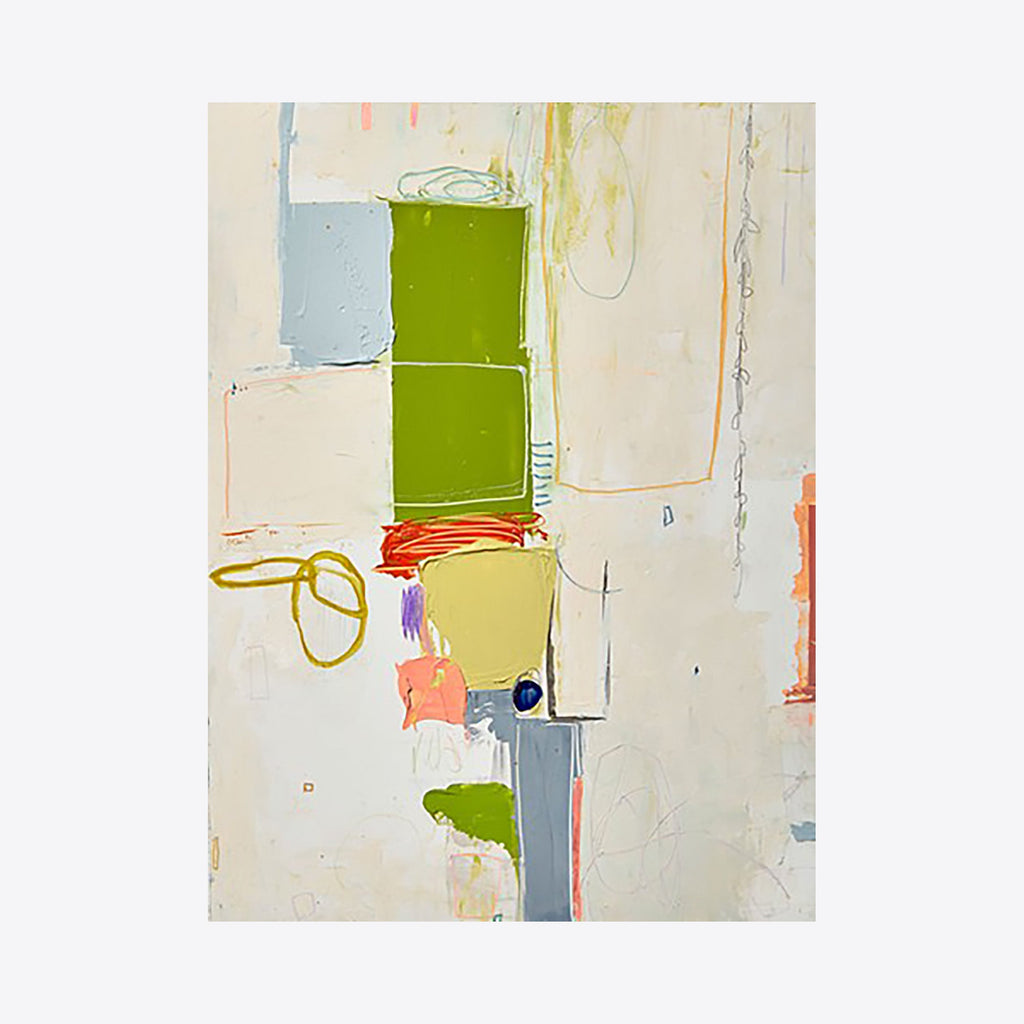 Study No. 75 by Janice La Motta features an abstract composition with geometric blocks in lime green, pale blue, and coral pink against a creamy background. Delicate graphite lines and loose brushstrokes create a minimalist aesthetic, with subtle textural elements from mixed media including oil paint and colored pencil, presented in a natural wood frame.