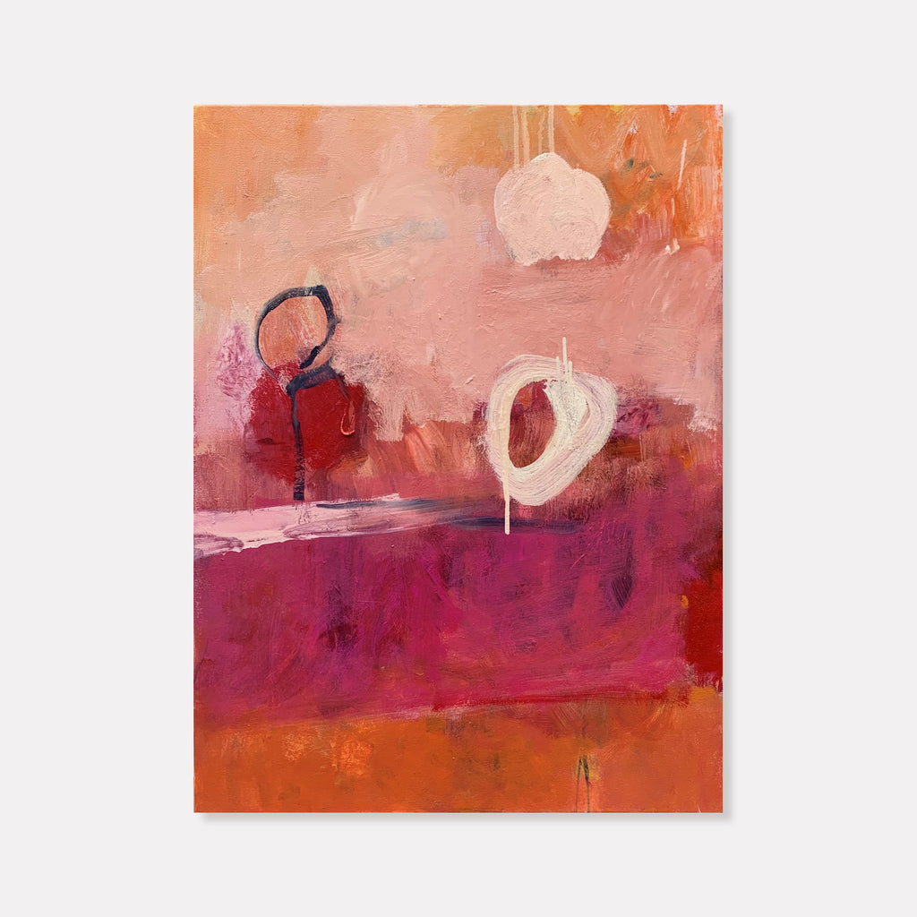The artwork 'October' by Kevin McGoff features an abstract composition with circular forms in white and black against a vibrant backdrop of coral pink, deep magenta, and burnt orange. The oil painting showcases textural brushstrokes and layered colors creating a warm autumnal atmosphere, with gestural elements floating in an ethereal space. 30x40 inches oil on canvas by Kevin McGoff.