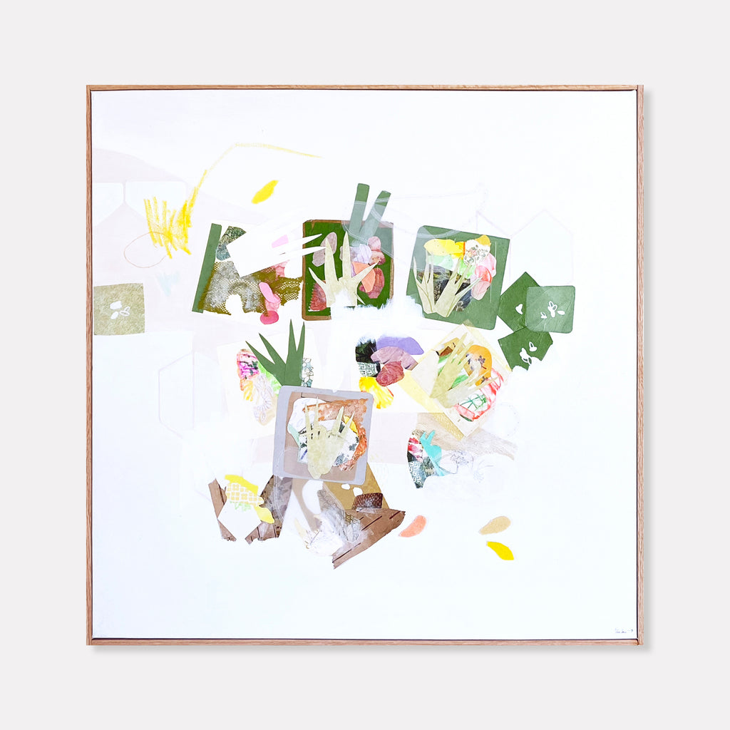 The artwork 'Offerings (INDONESIA)' by Linden Eller features an abstract mixed media composition on white canvas with delicate collaged elements in soft greens, yellows, and hints of purple. Geometric shapes and organic forms create a dynamic, floating arrangement, with translucent layers and subtle textures suggesting botanical elements and spatial depth. 24x24 inches by Linden Eller.