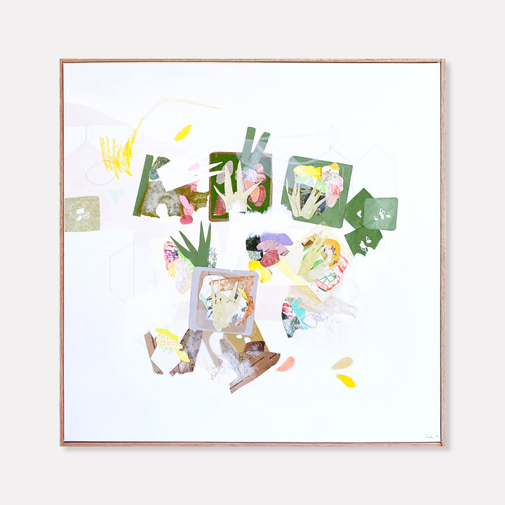 The artwork 'Offerings (INDONESIA)' by Linden Eller features an abstract mixed media composition on white canvas with delicate collaged elements in soft greens, yellows, and hints of purple. Geometric shapes and organic forms create a dynamic, floating arrangement, with translucent layers and subtle textures suggesting botanical elements and spatial depth. 24x24 inches by Linden Eller.
