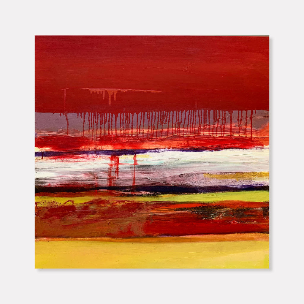 The artwork 'Oil Field' by Kevin McGoff features bold horizontal layers of vivid reds, yellows, and white, with dramatic dripping effects creating a sense of movement. Abstract landscape composition with intense crimson dominating the upper portion, contrasting with warm earth tones and striking paint drips. Oil on canvas artwork showcasing contemporary expressionist style. 30x30 inches.