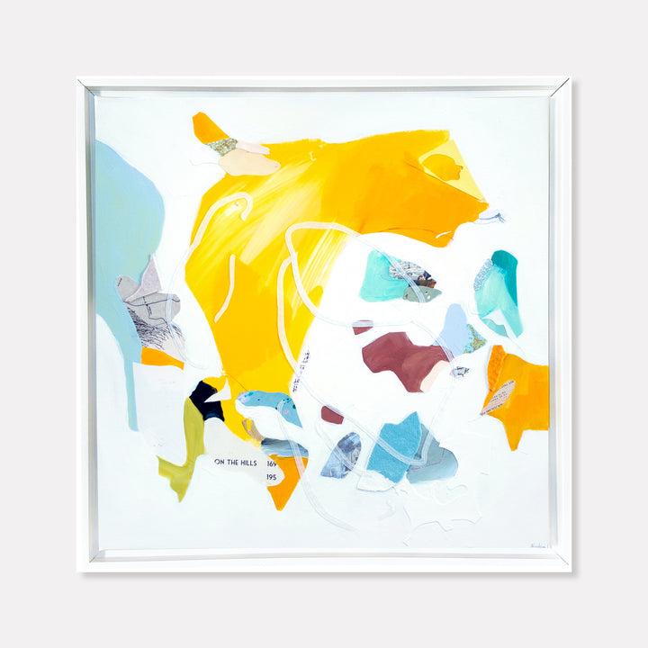 The artwork 'On the Hills' by Linden Eller features abstract mixed media shapes in vibrant yellow, turquoise, and maroon against a white canvas. Dynamic collage elements and fluid forms create a topographical-like composition. The 20x20 inch piece combines bold color blocks with delicate paper textures, showcasing a contemporary abstract aesthetic. By Linden Eller.
