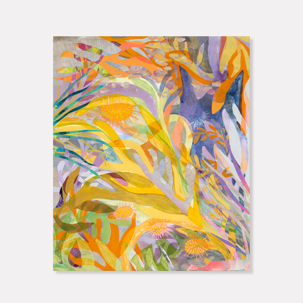 The artwork 'Orange Urchins' by Lauren Portada features vibrant abstract sea-inspired forms with dynamic orange and yellow spiky shapes resembling sea urchins, intertwined with flowing purple and green marine-like elements. Textured collaged textiles and acrylic paint create a luminous underwater effect on canvas, measuring 30x36 inches.
