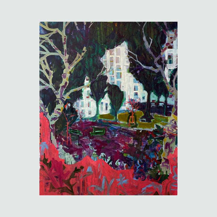 The artwork 'Park' by Allison Gildersleeve depicts a vibrant landscape featuring white buildings nestled among twisted tree branches. Deep emerald greens and intense crimson reds dominate the composition, with a dark mysterious background. The oil painting showcases an expressionistic style with bold brushstrokes, creating a dramatic contrast between architectural elements and organic forms. The painting measures 60x48 inches on canvas.