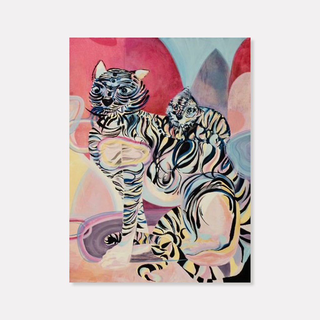 The artwork 'Party of Three' by Jane Lawrence features whimsical tiger figures painted in a flowing, abstract style against a vibrant pastel background. The tigers are rendered in black and white swirling brushstrokes, creating a dynamic, playful composition. The background blends warm pink, soft yellow, and cool blue tones in a dreamlike manner. Oil on canvas, 48x36 inches. By Jane Lawrence.