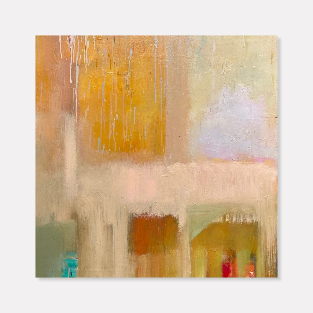 The artwork 'Passing Through' by Kevin McGoff features abstract expressionist composition with flowing vertical strokes in warm amber and golden hues, contrasting with soft beige and mint green sections. Textural brushwork creates ethereal passages, while subtle pops of turquoise and red add depth to the 30x30 inch oil painting's lower portion.