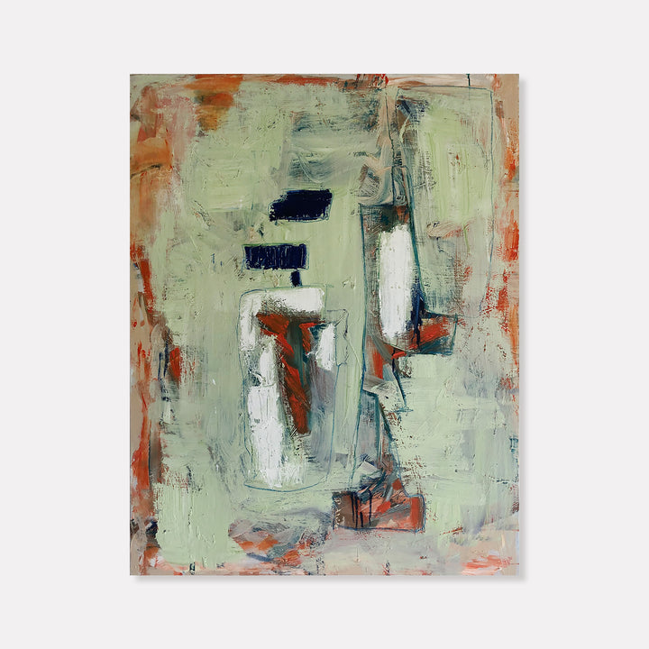 The artwork 'Heroin Honeymoon' by Petra Nimtz features abstract geometric shapes in contrasting white and navy against a muted sage green background. Textured brushstrokes create depth while burnt orange accents frame the composition. The oil on linen painting showcases an expressionist style with layered impasto technique and deliberate paint scraping.