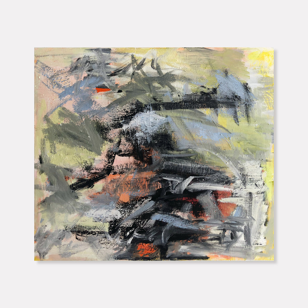 The artwork 'Love Is A Battlefield' by Petra Nimtz features dynamic abstract expressionist brushstrokes in charcoal grays, soft peach, and pale yellow. Bold gestural marks create a turbulent composition with sweeping movements across linen canvas. Patches of coral red emerge through layers of smoky grays and airy pastels, conveying emotional tension and raw energy.
