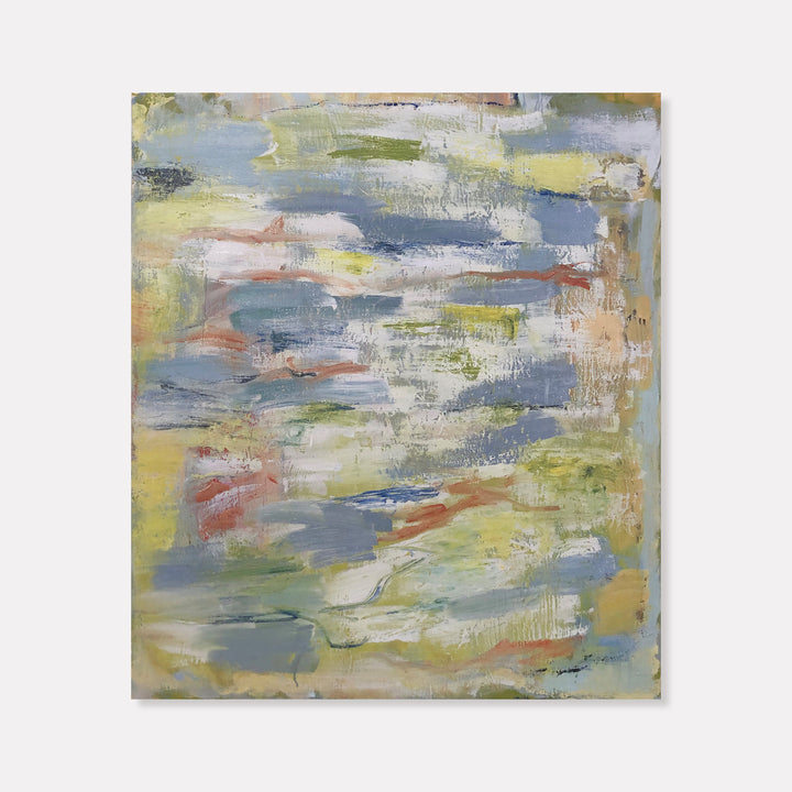 The artwork 'Nothing Really Matters, Love Is All' by Petra Nimtz features abstract expressionist brushstrokes in soft pastel hues of blue, yellow, and coral. Textured oil paint on linen creates a dreamy, atmospheric effect with layered gestures that flow across the canvas, suggesting movement and emotional depth. The painterly technique reveals visible brushwork and subtle color transitions.