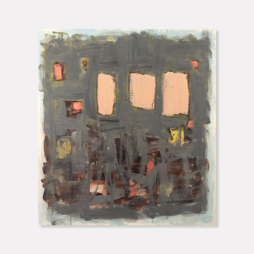 The artwork 'Playing Hide And Seek' by Petra Nimtz features an abstract composition with soft peach-colored rectangular forms emerging from a moody charcoal grey background. Loose brushstrokes create textural depth, while subtle hints of yellow and coral add warmth to the contemplative oil painting on linen. The geometric shapes appear to float and interact in a misty, atmospheric space. By Petra Nimtz.