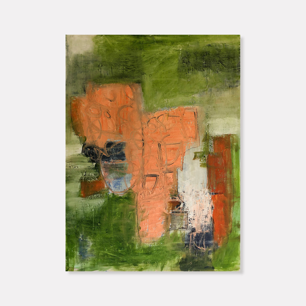 The artwork 'There's Something Fishy Around Here' by Petra Nimtz features abstract coral-colored forms floating against a vibrant moss green background. The oil on linen painting showcases textural brushstrokes, with bold orange shapes contrasting against earthy tones, creating a dynamic interplay of color and form. Scattered blue accents and white highlights add depth to the composition.