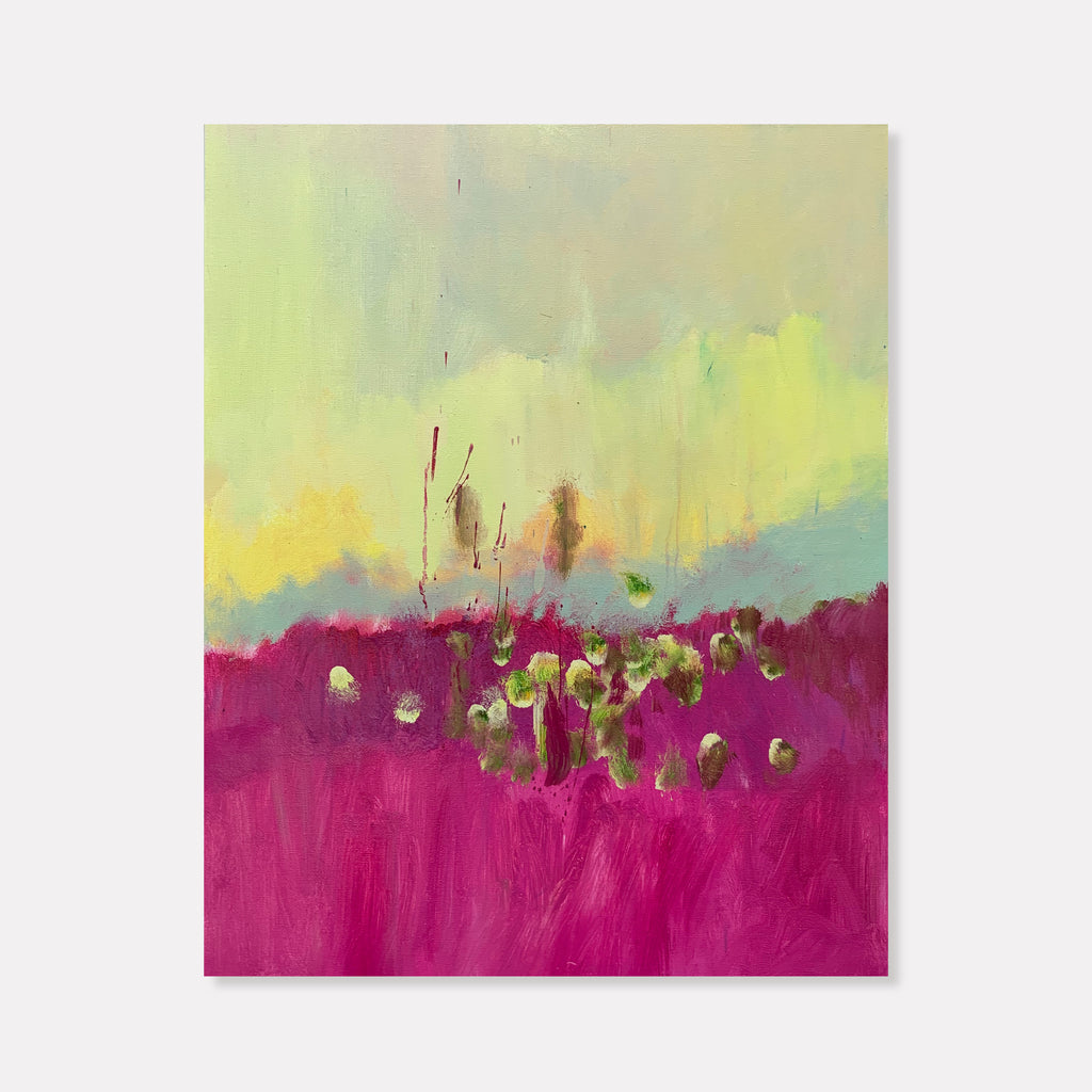 The artwork 'Pink Dawn' by Kevin McGoff features a vibrant abstract landscape with a bold magenta field in the lower half, transitioning to soft yellow-green sky above. Impressionistic brushstrokes create delicate dots and organic shapes in olive green scattered across the magenta foreground, suggesting wildflowers or foliage. The ethereal pastel atmosphere captures the essence of early morning light. Oil on canvas.