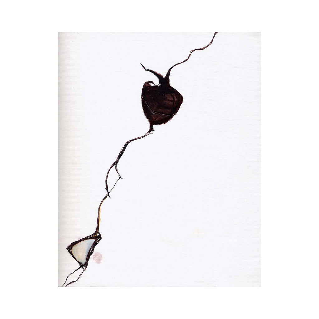 The artwork 'Plumb' by Susan Rowe Harrison features a minimalist ink drawing on white paper, depicting a black abstract plumb bob or weight suspended by a delicate, meandering line. The composition creates a striking contrast through simple black brushstrokes against the pristine background, showcasing organic movement and gravitational pull.