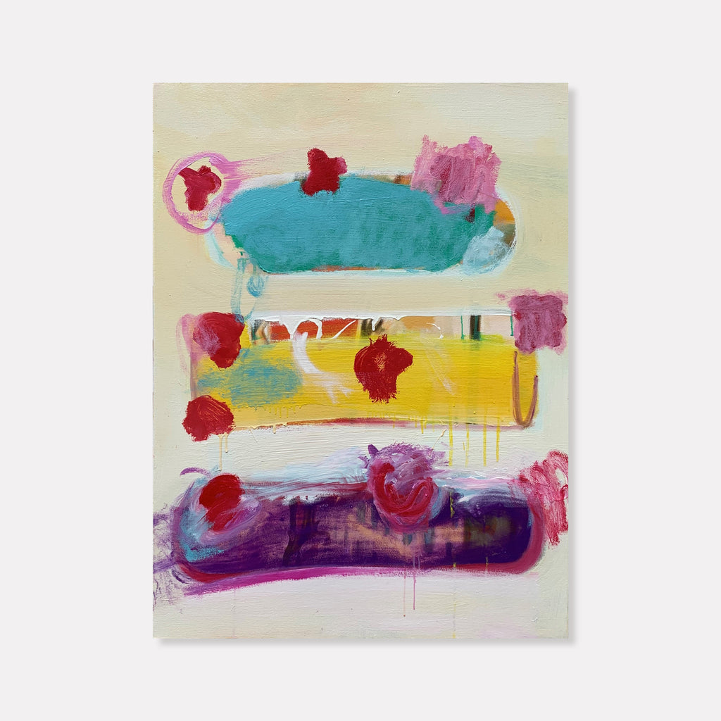 The artwork 'Poppies' by Kevin McGoff features three bold horizontal brush strokes in turquoise, yellow, and deep purple, adorned with vibrant red and pink floral elements. The abstract composition on oil canvas showcases expressive brushwork with dripping paint effects against a soft cream background, creating a modern, playful interpretation of a floral theme. 30x40 inches, oil on canvas, by Kevin McGoff.
