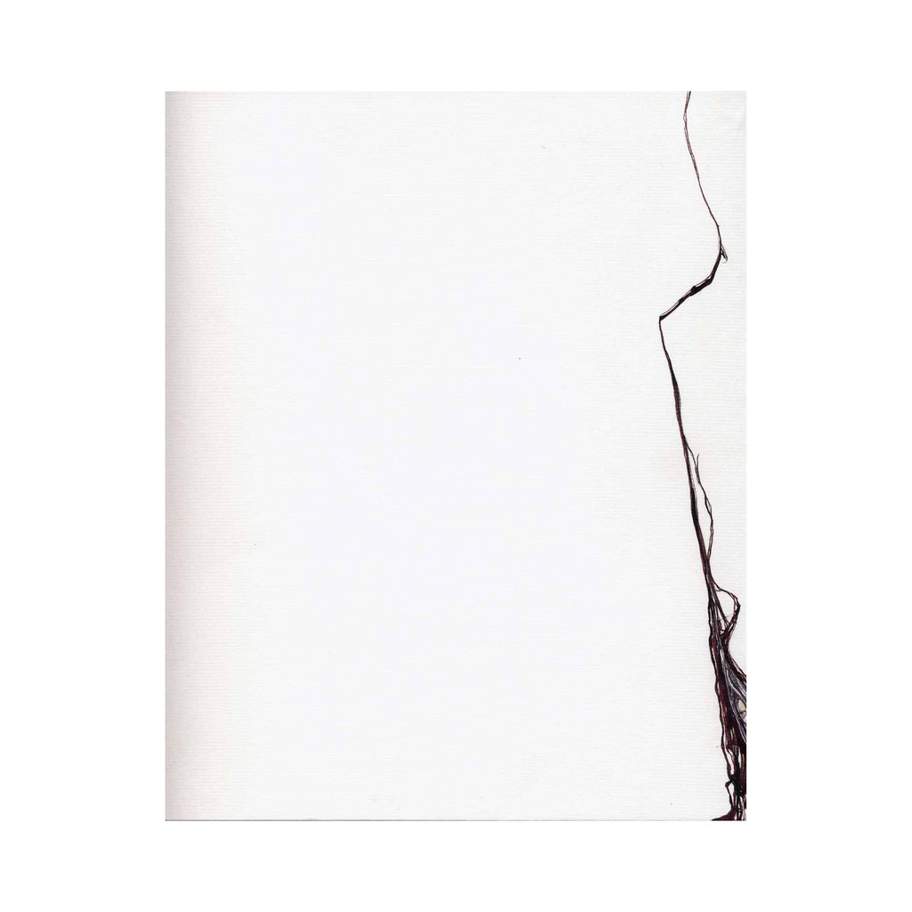The artwork 'Pulling Edges' by Susan Rowe Harrison features a minimalist black ink drawing on white paper. A delicate, organic line flows vertically along the right edge, creating a subtle tension with negative space. The thin, meandering strokes branch into finer tendrils, suggesting natural movement and organic forms.