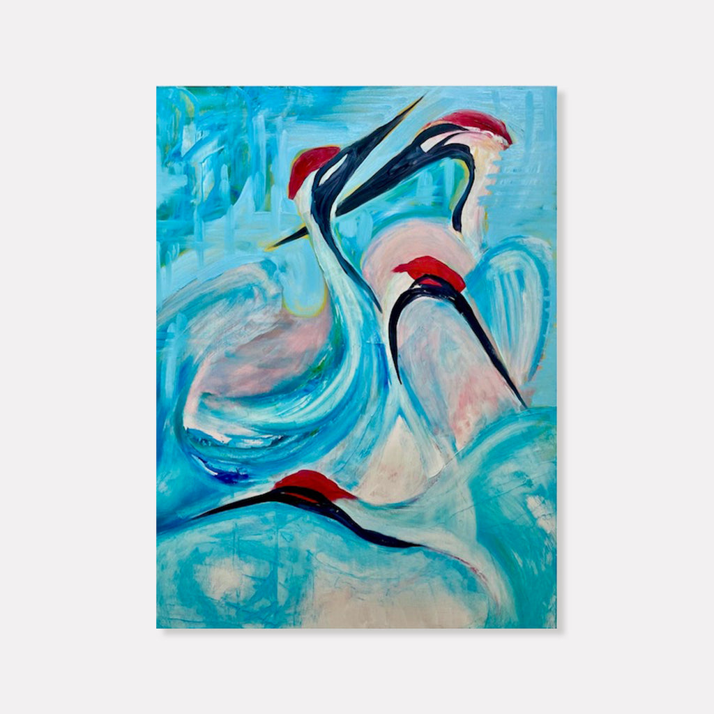 The artwork 'Quiet Down' features abstract bird-like forms rendered in bold strokes of turquoise blue and red against a swirling aqua background. The oil painting on wood panel captures flowing, dynamic movements with curved lines and soft pink undertones, creating a sense of peaceful motion. Art by Jane Lawrence.