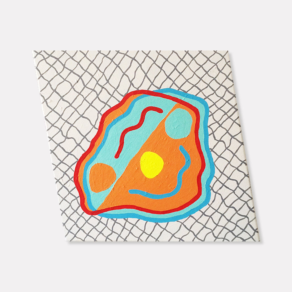 The artwork 'Smirking Blob on Wobbly Grid' by Ryan Patrick Martin features an abstract amorphous shape in vibrant orange and turquoise against a hand-drawn grid background. The organic blob contains playful curved lines and a bright yellow circular accent, creating a whimsical composition on a 20x20 inch canvas using acrylic paint.