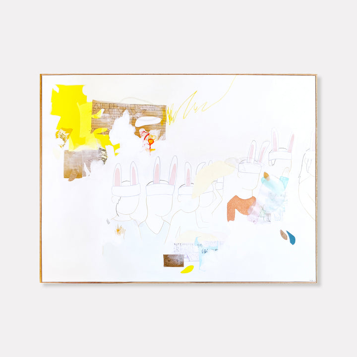The artwork 'Rabbits (JAPAN)' by Linden Eller features a minimalist mixed media composition on canvas with delicate abstract forms. Subtle yellow, brown, and pale blue elements float across a white background, creating an ethereal landscape. The piece combines gestural marks with collaged elements, showcasing a refined Japanese-influenced aesthetic at 36x48 inches.