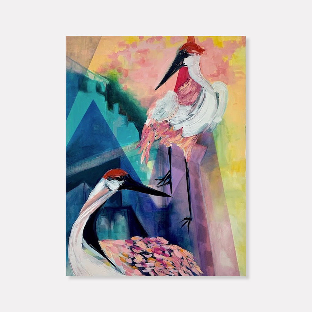 The artwork 'Rainy Day Crane' depicts two elegant cranes in vibrant watercolor style against a dynamic background of turquoise, navy, and sunset hues. The birds feature white plumage with pink accents and distinctive long black beaks, rendered in expressive brushstrokes on oil canvas. The composition showcases a contemporary abstract interpretation of nature by Jane Lawrence.