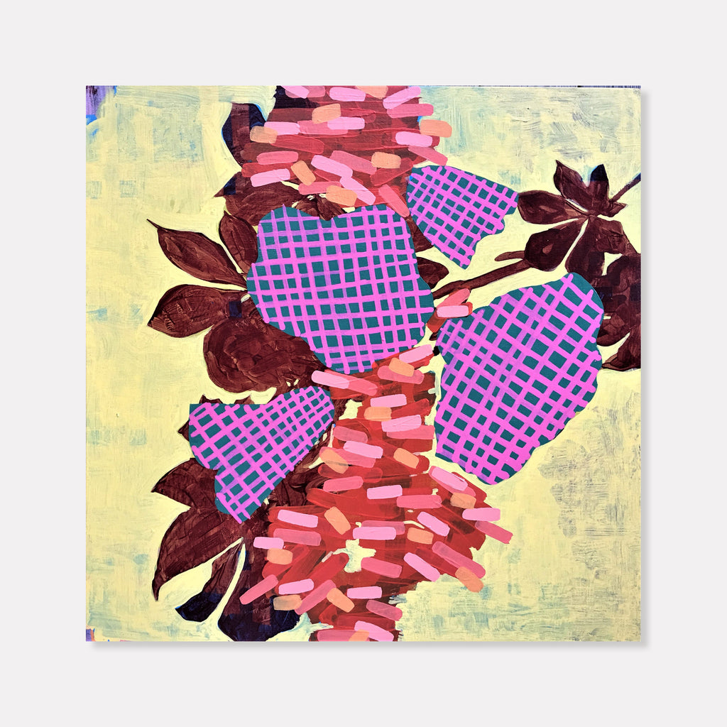 The artwork 'Composition No. 79' features vibrant geometric patterns combining pink layered brushstrokes with purple checkered shapes, set against deep burgundy leaves and a soft yellow background. The abstract acrylic painting on canvas creates a dynamic interplay of organic and structured forms. By Raul Ortiz.
