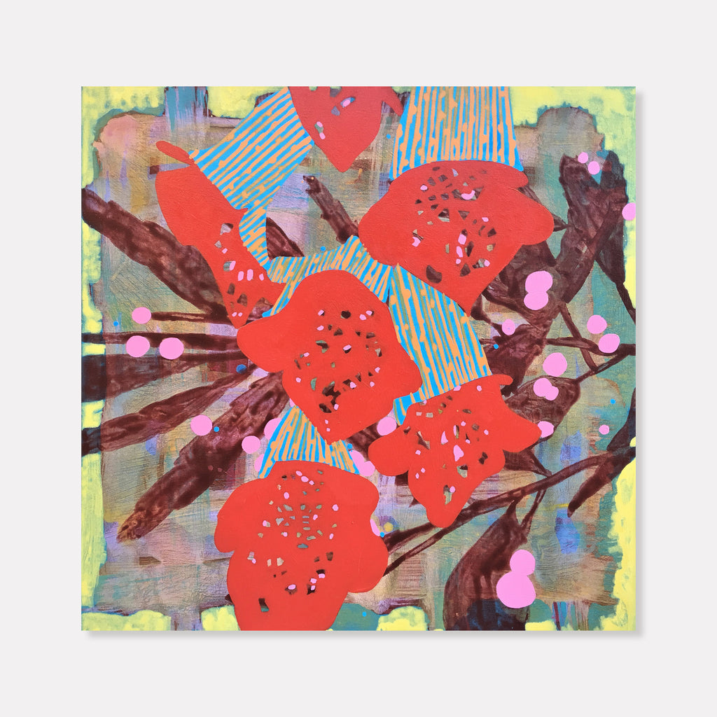 The artwork 'Composition No. 80' by Raul Ortiz features vibrant coral-red floral forms against a textured background of blues, greens, and browns. Bold diagonal striped patterns in turquoise intersect with the organic shapes, while delicate pink circular accents dot the composition. The 30x30 inch acrylic painting combines abstract and botanical elements with a modern, energetic style. By Raul Ortiz.
