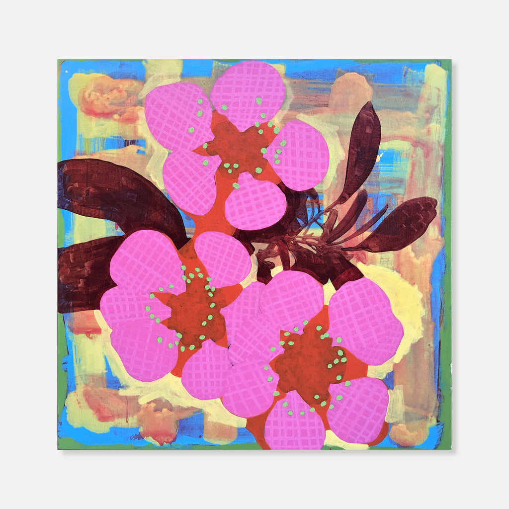 Composition No. 81 by Raul Ortiz features vibrant pink cherry blossoms with textured petals against a dynamic background of turquoise blue and golden hues. Deep burgundy leaves complement the bold floral motif, creating a contemporary abstract interpretation of spring blooms on a 30x30 inch acrylic canvas.