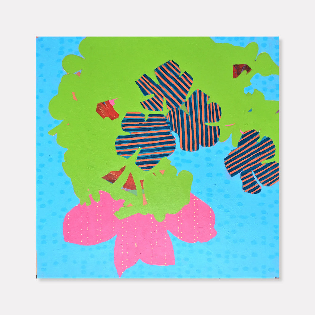 The artwork 'Composition No. 82' by Raul Ortiz features vibrant abstract forms against a bright turquoise background. Striped navy and orange cloud-like shapes float above a bold lime green mass, while pink geometric petals anchor the bottom of the composition. This 30x30 inch acrylic painting combines playful organic shapes with structured patterns.
