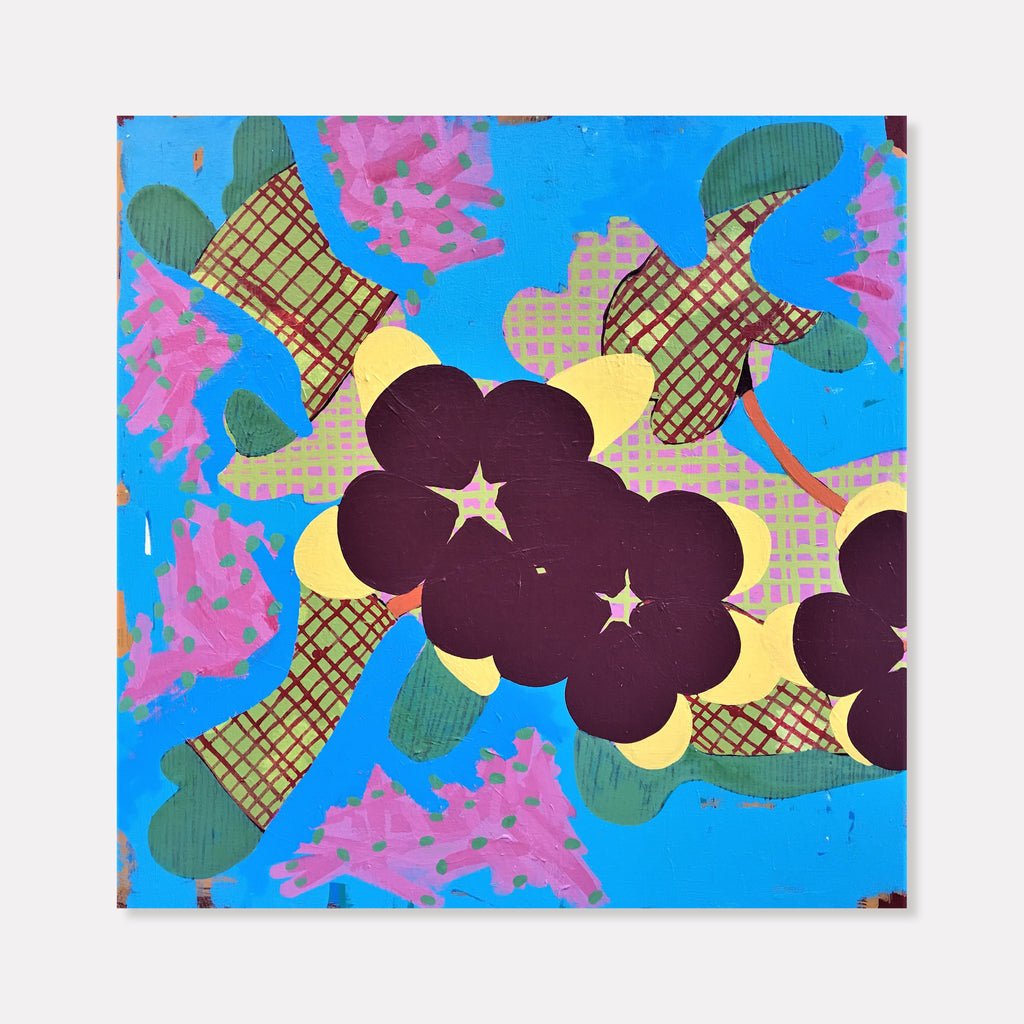 The artwork 'Composition No. 83' features a vibrant abstract pattern combining deep purple cloud-like shapes with yellow crescents against a bright blue background. Textured green crosshatched forms and pink splashes create dynamic movement across the canvas. White stars peek through the purple forms, adding celestial elements to this 30x30 acrylic painting by Raul Ortiz.