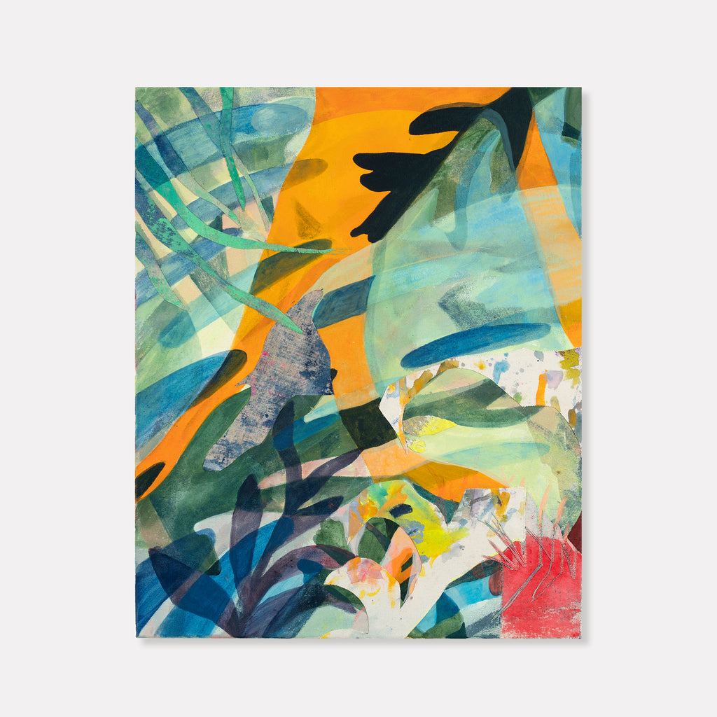 The artwork 'Red Urchin' by Lauren Portada features dynamic overlapping shapes in vibrant aqua, orange, and deep green tones, creating an abstract underwater scene. Collaged textile elements add texture, while sweeping brushstrokes suggest marine plant life and movement. A bright red form anchors the bottom corner, evoking the titular sea urchin in this 20x16 inch acrylic painting.