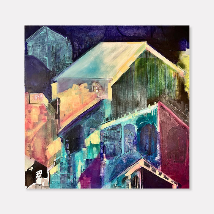 The artwork 'Remote' by Jane Lawrence features an abstract cityscape with overlapping geometric buildings rendered in vibrant watercolor-like effects. The composition showcases houses with angular rooflines in deep purples, luminous teals, soft yellows, and coral pinks, creating a dreamlike urban scene through expressive oil painting techniques on canvas.