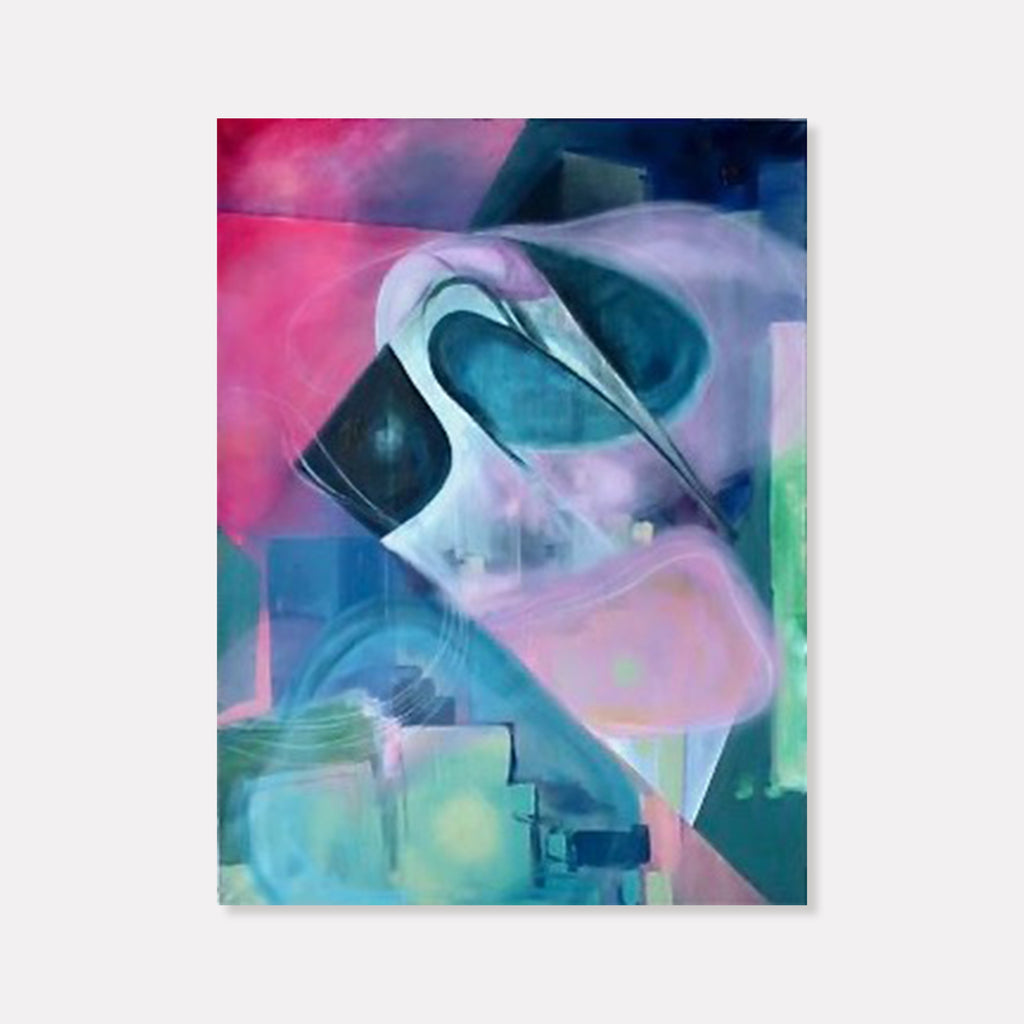 The artwork 'Save a Secret' by Jane Lawrence features abstract fluid forms in vibrant teal, pink, and lavender hues. The oil painting showcases sweeping curved shapes that flow across the canvas, creating a dreamlike atmosphere. Ethereal wisps of color blend seamlessly, while geometric elements add structure to the composition's mystical quality. Oil on canvas, 40x30 inches. By Jane Lawrence.