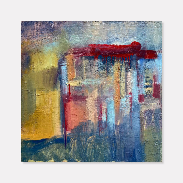 The artwork 'Seaside' by Kevin McGoff features an abstract oil painting with bold vertical brushstrokes in vibrant blues, yellows, and deep reds. A striking crimson horizontal streak dominates the upper portion, while muted pastel blues create a dreamy atmospheric effect. Textured impasto technique adds depth, with golden yellow tones creating a luminous coastal ambiance on 30x30 canvas.