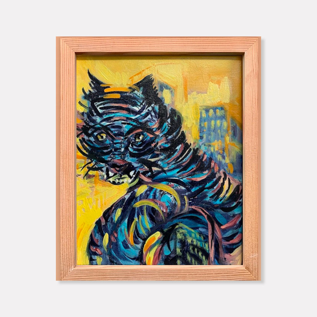 The artwork 'Selfie' features a dynamic expressionist tiger rendered in bold turquoise and navy brushstrokes against a vibrant yellow background. The fierce feline portrait showcases swirling, energetic lines creating a sense of movement, with abstract cityscape elements visible in the background. Oil on canvas in wooden frame by Jane Lawrence.