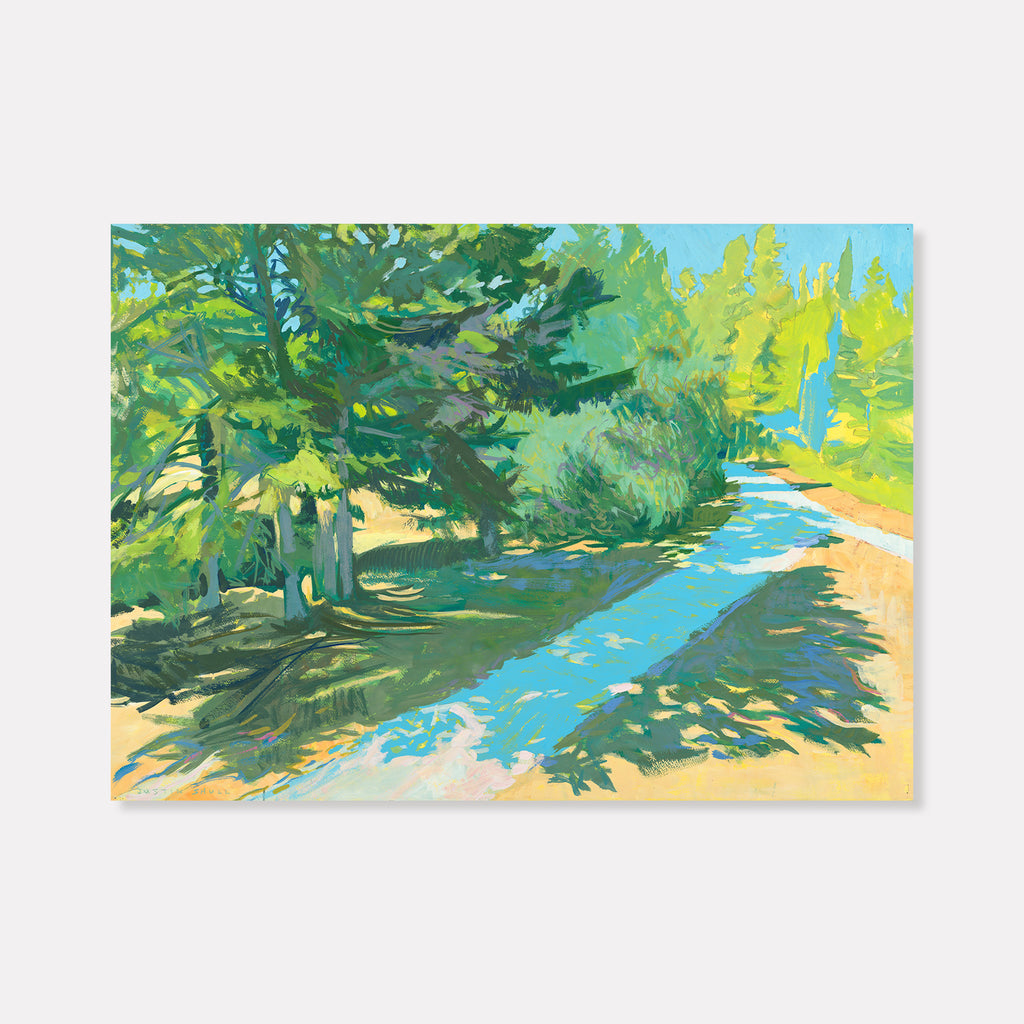 The artwork 'Shady Grove' by Justin Shull features a serene landscape with vibrant green trees casting dappled shadows over a winding blue stream. The acrylic gouache painting captures the interplay of sunlight through foliage, creating a peaceful woodland scene with turquoise water and sandy banks, rendered in an impressionistic style on paper mounted on panel.