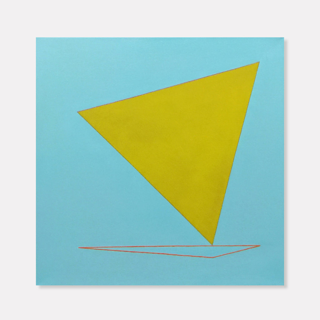 The artwork 'Launch' by Shyun Song features a bold yellow triangular shape suspended above thin red lines against a serene turquoise background. The minimalist geometric composition on oil canvas creates a sense of upward movement and dynamic tension through simple forms and contrasting colors. 30x30 inches oil on canvas by Shyun Song.