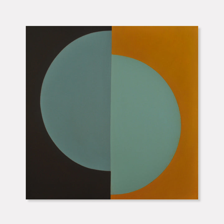 The artwork 'Rebirth' by Shyun Song features a bold geometric composition with a large sage green circle split across a contrasting background of deep black and warm burnt orange. The minimalist 30x30 inch oil painting demonstrates a clean, modern aesthetic with sharp color blocking and precise edges.
